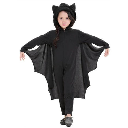 Children Bat Style Jumpsuit Halloween Costume Size S For Dress Up - child in black bat one-piece with hooded ears and winged sleeves, fits 105–115 cm