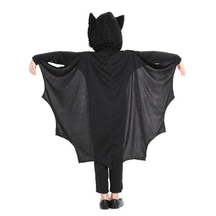 Children Bat Style Jumpsuit Halloween Costume Size S For Dress Up - back view of child wearing black bat one-piece with hood and winged sleeves