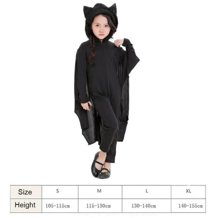 Children Bat Style Jumpsuit Halloween Costume Size S For Dress Up - child wearing black one-piece bat jumpsuit with hood and wings
