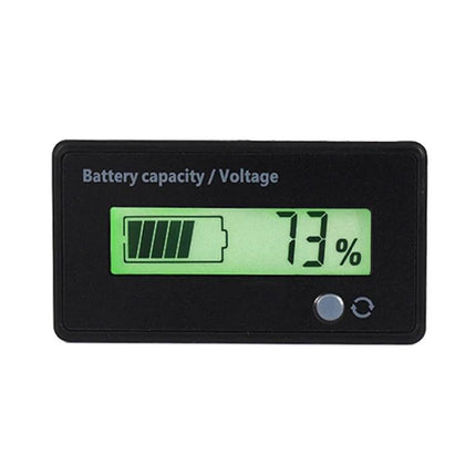 Universal Battery Status Monitor for Lead-Acid and Lithium Batteries — digital display showing 73% battery capacity for RVs, EVs, and solar setups