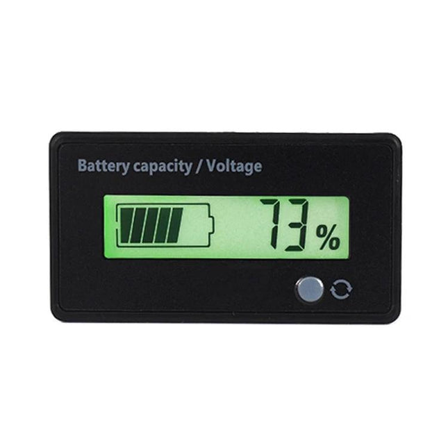 Universal Battery Status Monitor for Lead-Acid and Lithium Batteries — digital display showing 73% battery capacity for RVs, EVs, and solar setups