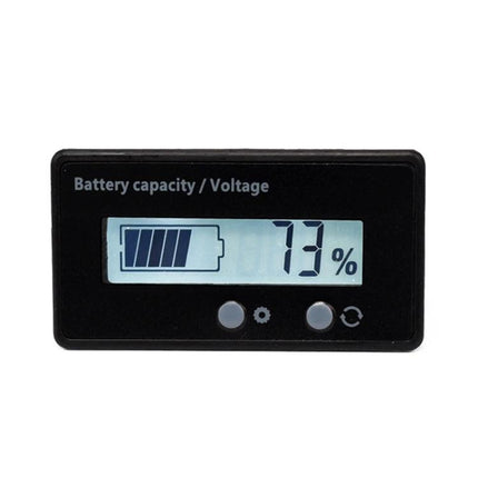 Universal Battery Status Monitor for Lead-Acid and Lithium Batteries showing 73% capacity on LCD display for RV, EV, and solar battery monitoring