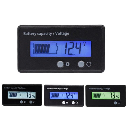 Universal Battery Status Monitor for Lead-Acid and Lithium Batteries - digital panel showing 12.4V and battery capacity for EVs, RVs, solar setups