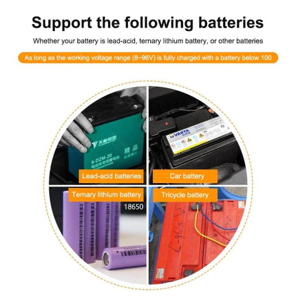 Universal Battery Status Monitor for Lead-Acid and Lithium Batteries showing compatibility with lead-acid, car, ternary lithium and tricycle batteries