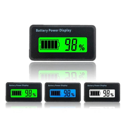 12V-48V Lead-Acid and Lithium Battery Status Monitor showing 98% charge on green digital battery percentage display