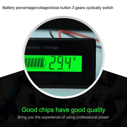 12V-48V Lead-Acid and Lithium Battery Status Monitor digital display showing 29.4V and battery percentage icon on green LCD