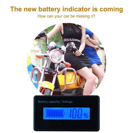 12V-48V Lead-Acid and Lithium Battery Status Monitor digital display showing 100% battery on motorcycle with riders