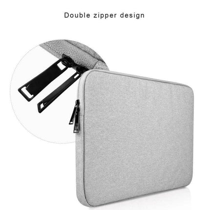 Universal Oxford Cloth Laptop Bag for 13-Inch Devices and Tablets showing gray sleeve with double zipper design and close-up of zipper pulls