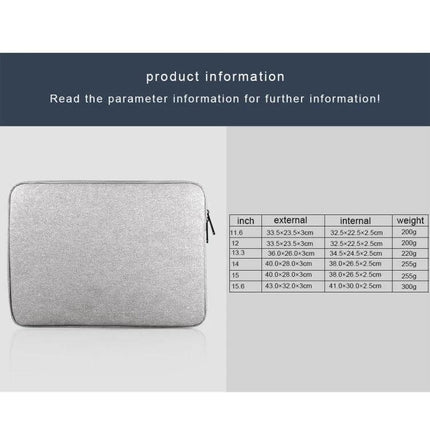 Soft Oxford Cloth Protective Bag for 14-Inch Laptops and Tablets displaying silver sleeve and size chart for dimensions and weight