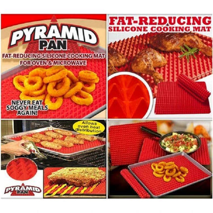 Multi Function Silicone Barbecue Pad Nonstick For Grilling red fat-reducing silicone cooking mat showing onion rings, grilled chicken, and oven use