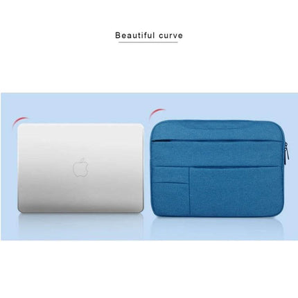 14-Inch Laptop Sleeve for Everyday Protection and Storage — blue padded sleeve with handle and front pockets beside a laptop