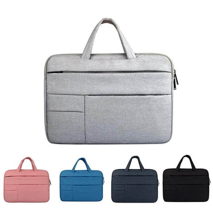 Gray 14-Inch Laptop Sleeve for Everyday Protection and Storage with handle and accessory pockets, shown with pink, blue, navy, and black color options