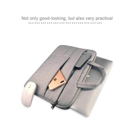 Durable Laptop Sleeve with Handle and Pockets for 15.6 Inch Laptops - gray sleeve with handle, front pockets holding phone and mouse, fits 15.6" laptop