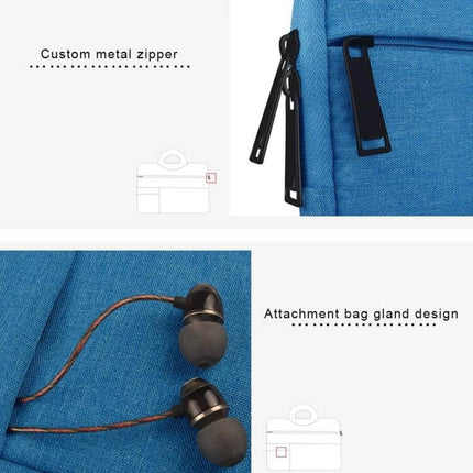 Durable Laptop Sleeve with Handle and Pockets for 15.6 Inch Laptops showing custom metal zipper, handle and accessory pocket with earphones