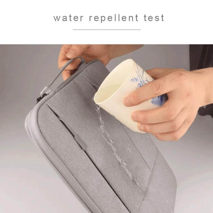 Soft Protective Sleeve for 13.3 Inch Laptops and Accessories water-repellent grey sleeve being poured with water to show protection