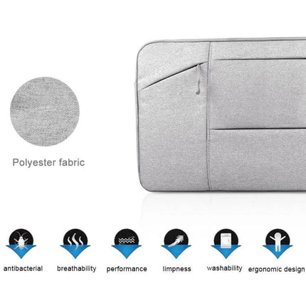 Soft Protective Sleeve for 13.3 Inch Laptops and Accessories showcasing grey polyester fabric, front pocket, zipper and icons for breathability and washability