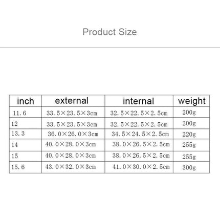 Soft-Lined Laptop Sleeve for 14-Inch Laptops with Accessory Pockets size chart showing external/internal dimensions and weights for multiple inch sizes