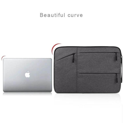 Soft-Lined Laptop Sleeve for 14-Inch Laptops with Accessory Pockets showing grey sleeve and laptop with front accessory pockets