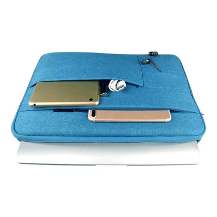 Laptop Sleeve for Up to 15.6 Inch Devices with Storage Pockets - blue sleeve with pockets holding tablet, phone, charger