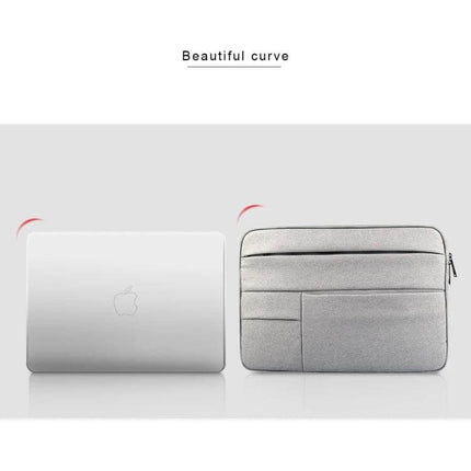 Laptop Sleeve for Up to 15.6 Inch Devices with Storage Pockets grey protective sleeve with pockets beside 15.6-inch laptop, soft lining and zipper