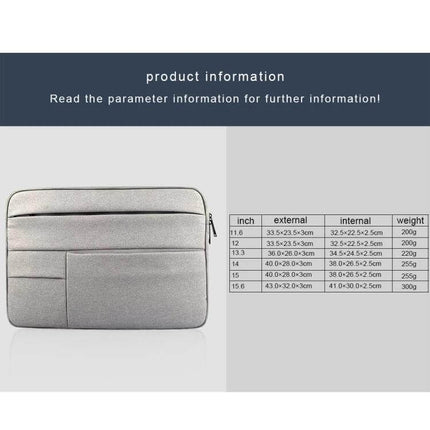Laptop Sleeve for Up to 15.6 Inch Devices with Storage Pockets - gray protective sleeve with front pockets and size chart