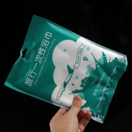 Portable Disposable Travel Cotton Bath Towel 140x65cm in compact travel pouch, cotton spunlace single-use towel for hotels gyms camping flights