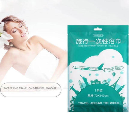 Portable Disposable Travel Cotton Bath Towel 140x65cm packaged travel disposable cotton towel showing woman resting and product pouch