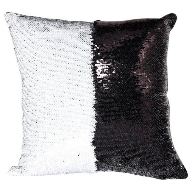 Alt Tag: Two Tone Glitter Sequins Pillow Cover, 40x40 CM, Reversible black and white reversible sequin cushion showing glitter and smooth back