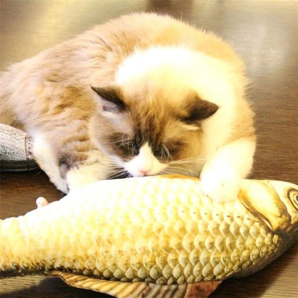 Adorable Simulation Fish Toy for Everyday Cat Play at Home - fluffy cat pouncing on realistic fish plush to encourage solo play