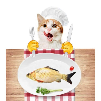 Adorable Simulation Fish Toy for Everyday Cat Play at Home - playful cat with fish toy on plate promoting interactive indoor play
