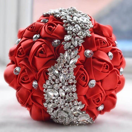 Wedding Silk Rose Bouquet With Rhinestone Handle Elegant red satin roses with rhinestone sash bridal bouquet