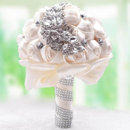 Wedding Silk Rose Bouquet With Rhinestone Handle Elegant ivory silk rose bridal bouquet with rhinestone brooch and satin-wrapped handle