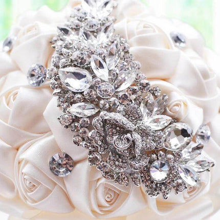 Wedding Silk Rose Bouquet With Rhinestone Handle Elegant featuring satin-wrapped stem and detailed rhinestone embellishments