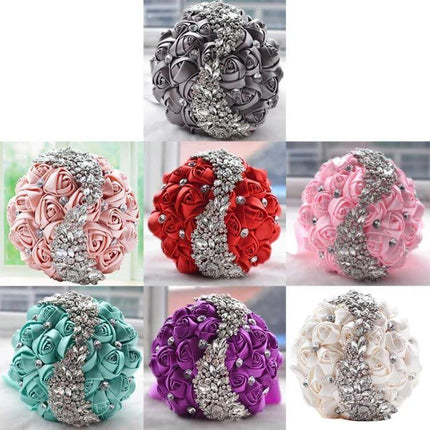 Wedding Silk Rose Bouquet With Rhinestone Handle Elegant - satin-wrapped bridal bouquet with silk roses and crystal rhinestone handle
