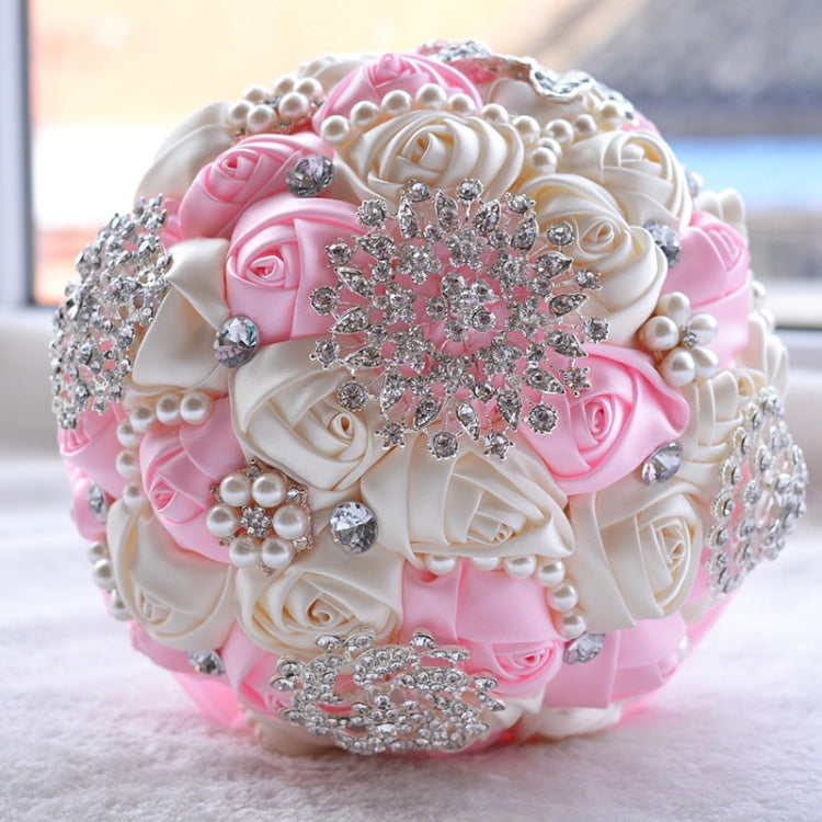 Elegant Pearl and Rhinestone Bridal Bouquet with Silk Roses for Weddings and Events, Diameter: 20cm, Milk White