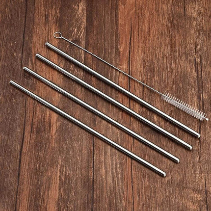 Alt Tag: 4 Pack Reusable Stainless Steel Drinking Straws With Cleaning Brush Kit Straight - silver 304 stainless steel straws and brush on wood background