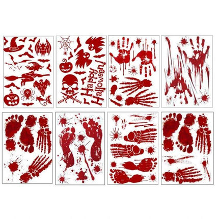Halloween Blood Printed Wall And Window Stickers 25x30cm - pack of 10 PVC blood-red handprints, footprints and splatter decals for spooky wall and window decor