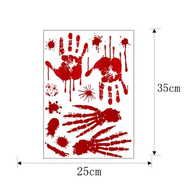 Halloween Blood Printed Wall And Window Stickers 25x30cm - pack of 10 PVC blood-red handprint and splatter stickers for walls and windows