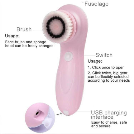 Facial Cleansing Brush USB Charging For Daily Pore Care - pink USB rechargeable removable brush head for deep pore cleansing, two-speed cordless design