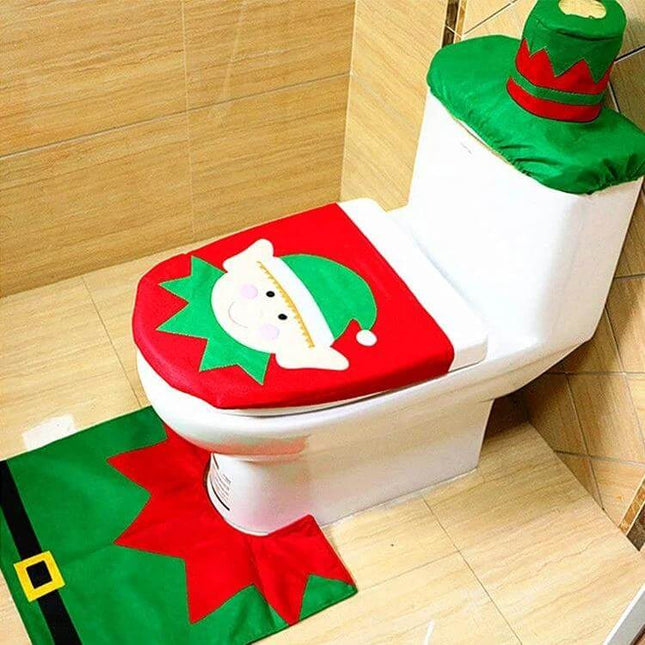 Santa Elf Christmas Bathroom Set With Toilet Seat Cover And Rug - festive elf toilet seat cover, tank and matching rug for holiday bathroom decor