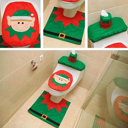 Santa Elf Christmas Bathroom Set With Toilet Seat Cover And Rug festive elf toilet seat cover, rug and tank tissue box cover for holiday bathroom decor