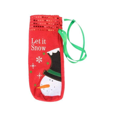Snowman Wine Bottle Cover for Christmas Table Decor - red "Let it Snow" snowman wine bottle sleeve with green ribbon