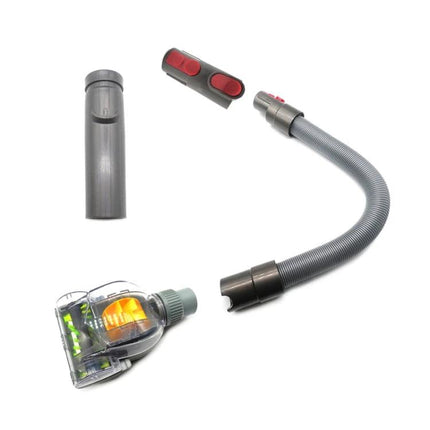 Handheld Anti-Mites Suction Kit for Dyson V6 to V10 Vacuums showing hose, brush head and adapters for bedding and upholstery cleaning