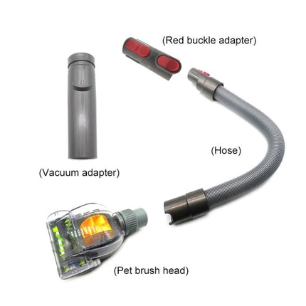 Handheld Anti-Mites Suction Kit for Dyson V6 to V10 Vacuums showing vacuum adapter, red buckle adapter, hose and pet brush head for targeted cleaning