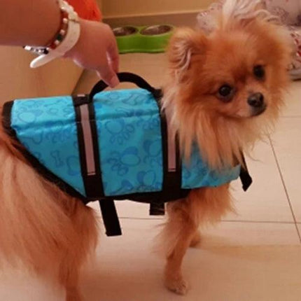 Pet Saver Dog Life Vest for Swimming and Boating Outings - small dog wearing blue reflective life vest with handle