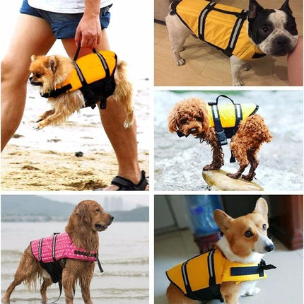 Pet Saver Dog Life Vest for Swimming and Boating Outings - yellow dog life jackets on various breeds at the beach and in water
