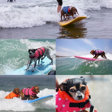 Pet Saver Dog Life Vest for Swimming and Boating Outings - dogs wearing colorful reflective vests surfing and paddleboarding at the beach