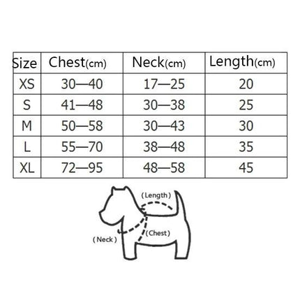 Pet Saver Dog Life Vest for Swimming and Boating Outings size chart showing chest neck and length measurements (XS to XL)