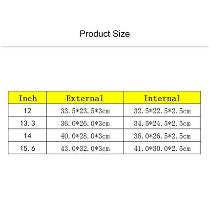 Protective Sleeve for Laptops Up to 15.6 Inches and Tablets size chart showing external and internal dimensions for 12, 13.3, 14, and 15.6 inch devices
