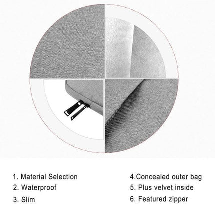 Protective Sleeve for Laptops Up to 15.6 Inches and Tablets showing waterproof fabric, velvet interior, slim design and featured zipper